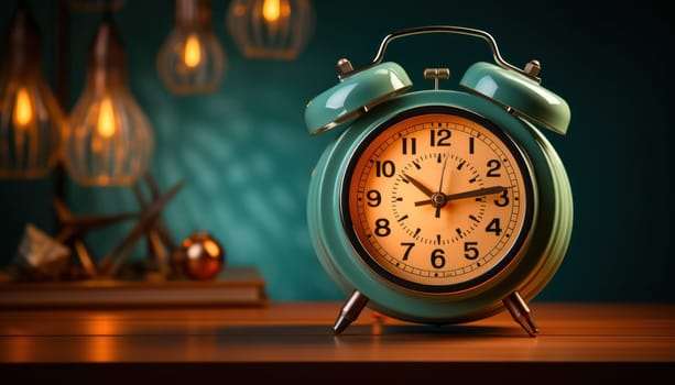 retro alarm clock in a warm lamp interior.