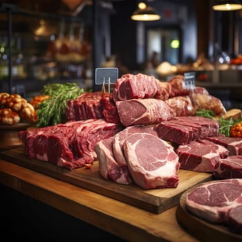 A counter in a store with organic meat. Assortment and variety. The benefits of organic meat for human health .Generative AI