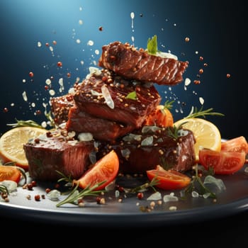medium-rare beef slices with tomatoes and lemon juice.Generative AI