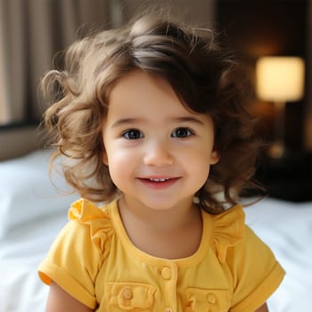 close-up. cheerful curly baby in a yellow dress sitting on the bed and looking at the camera.Generative AI