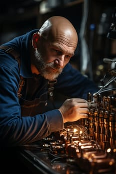 a master in overalls repairs a device made of copper and brass.Generative AI