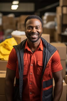 smiling african american volunteer helping in a center for helping those in need. Caring and helping the disadvantaged and disadvantaged.Generative AI