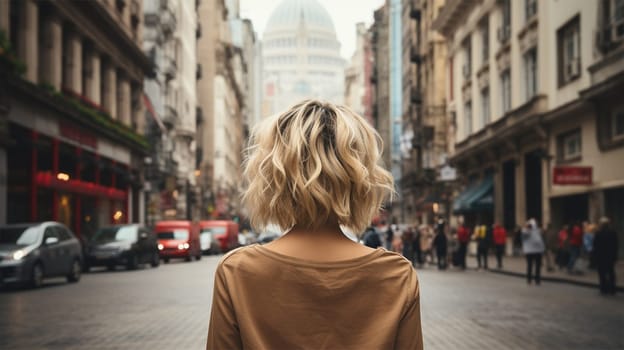 Close-up rear view of a blonde woman with a shiny wavy short hairstyle against a European street background.Generative AI