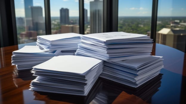 Stacks of paper on a desktop in a high-rise office against the backdrop of the city .Generative AI