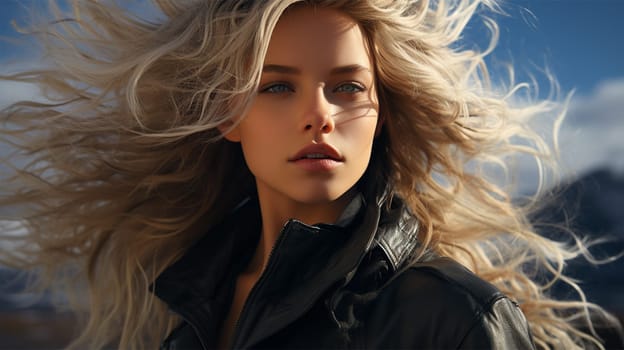 sensual portrait of a blonde with flying hair. banner or poster for a beauty salon.Generative AI