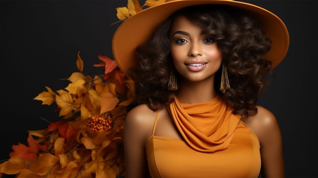 Attractive African American woman in stylish orange dress and hat looking at camera, studio portrait with yellow autumn leaves and flowers.Generative AI