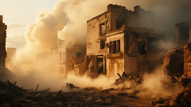 destroyed houses in the city with smoke enveloping them. the consequences of natural disasters, earthquakes or war.Generative AI