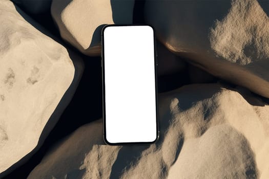 Flatlay phone on sand-colored stones. Free space for text, mockup. Aesthetic elegant picture for social networks.Generative AI