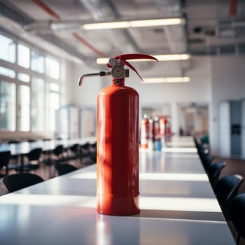 fire extinguisher on the table in an educational institution or office. Emergency equipment in case of fire.Generative AI