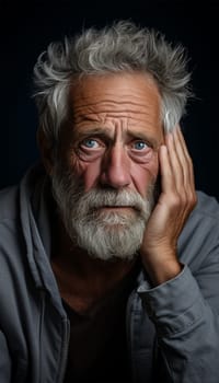 sad elderly gray-haired man holding his head. emotions of fatigue and confusion. Mental and physical health. .Generative AI