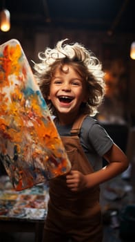 cheerful curly baby in overalls in an art workshop. young artist.Generative AI