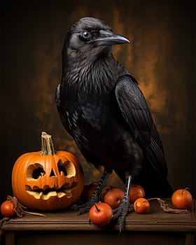 Black crow on Jack's scary pumpkin head, side view. Spooky fun fall decor. Halloween decorative element.Generative AI