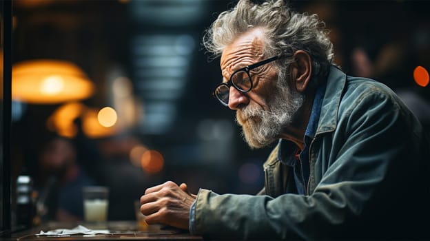 lonely gray-haired and sad old man sitting in a bar on a blurred background. loneliness concept.Generative AI