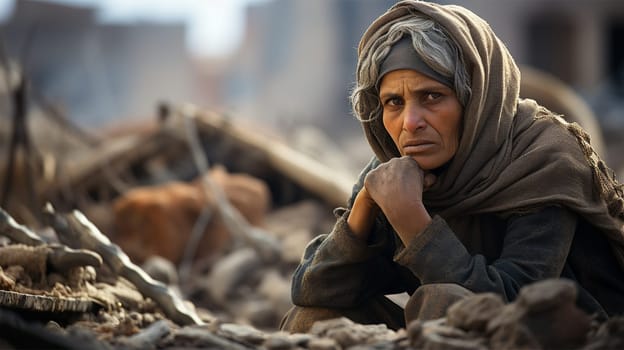 a shocked woman sits on the ruins of a house in a city destroyed by an earthquake or war.Generative AI