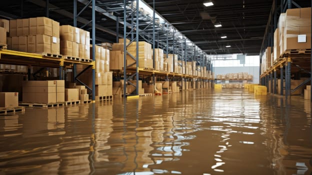 Flooded warehouse with cardboard boxes floating on water due to flooding. natural disaster insurance.Generative AI