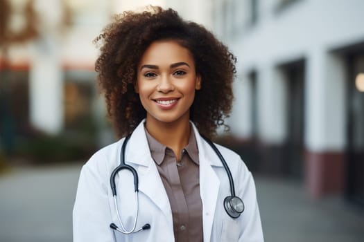 young smiling doctor in a robe and with a stethoscope near the clinic .Generative AI