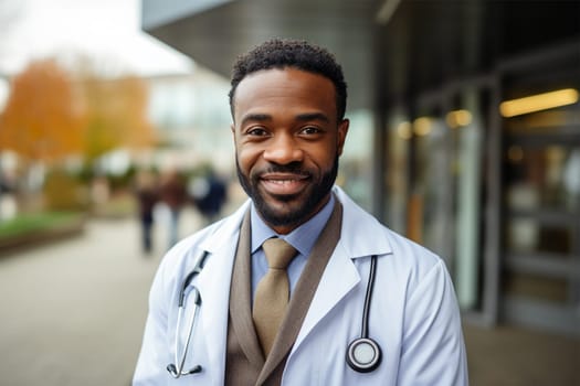 young smiling doctor in a robe and with a stethoscope near the clinic .Generative AI
