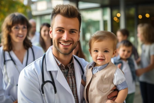 young smiling children's doctor in a robe and with a stethoscope with a baby in his arms in the courtyard of the clinic.Generative AI