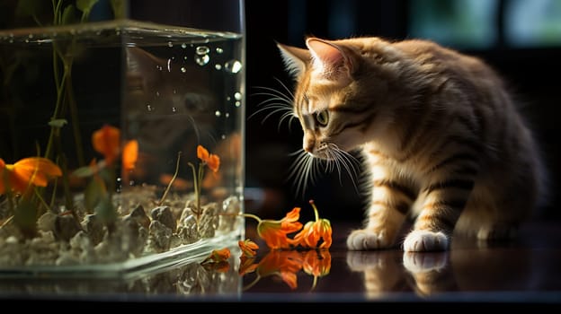 the cat carefully watches the beautiful red fish in the aquarium.
