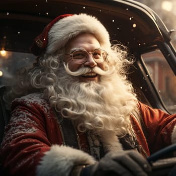 Santa Claus in a stylized retro car with embroidery and with ethnic elements on clothes.