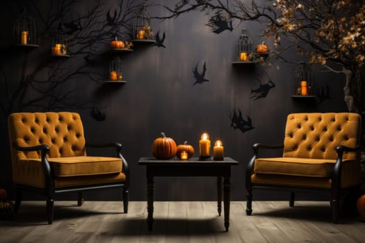Scary laughing pumpkin in an ancient gothic interior of a dark castle. Halloween, witchcraft and magic.Halloween castle design elements.Generative AI