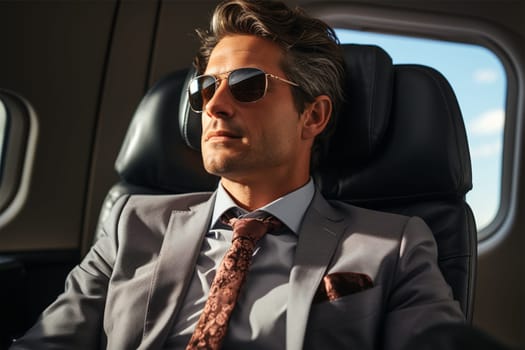 A businessman flies in business class or his private jet. Business and transport concept
