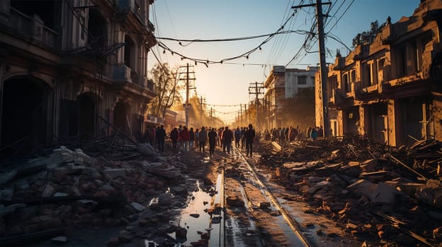 people stand on the street of a destroyed city, Ruins after an earthquake or bomb explosions.Generative AI