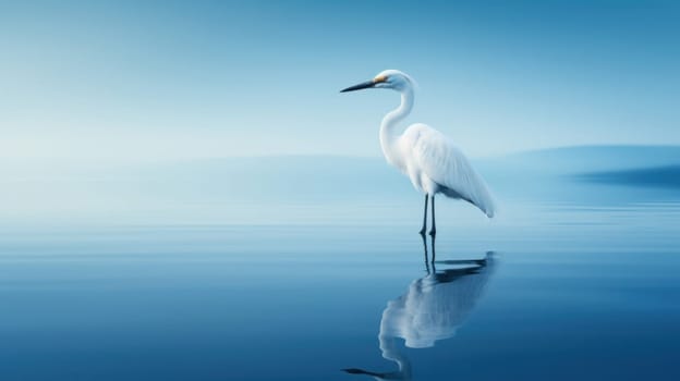 Shallow azure water reflecting a standing heron white. natural background .Generative AI