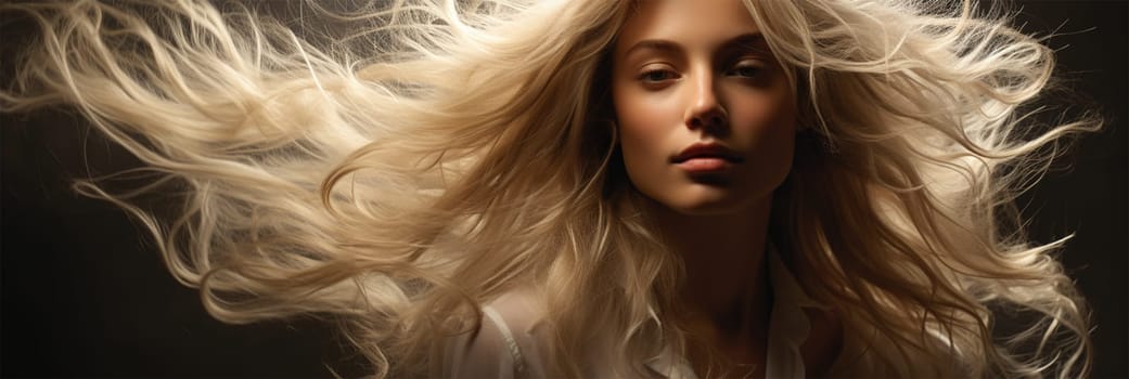 sensual portrait of a blonde with flying hair. banner or poster for a beauty salon.Generative AI