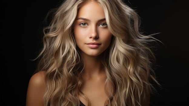 Beautiful smiling woman with long blonde wavy hair on a black background. Girl with beautiful hairstyle. content for a beauty salon and spa center. .Generative AI