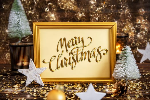 Golden Frame With Text Merry Christmas, Golden And Glittering Christmas Decoration, Winter Background