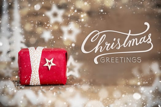 Text Christmas Greetings, With Red Christmas Gift, Wooden Background, Winter Decor, Natural