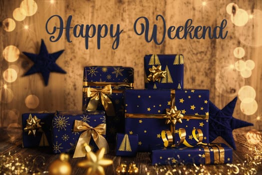 Text Happy Weekend, Many Blue Christmas Presents, Christmas Background, Wooden Winter Decor