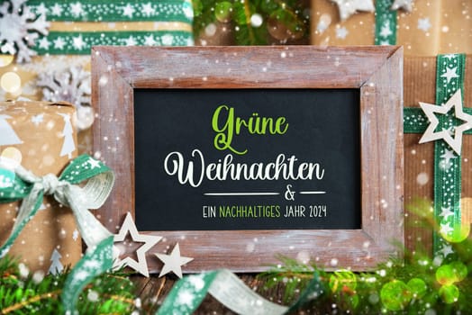 Text Gruene Weihnachten Und Ein Nachhaltiges Neues Jahr, Means Green Christmas And A Sustainable New Year In English, Green, Sustainable Christmas Decoration, Snowy Winter Background
