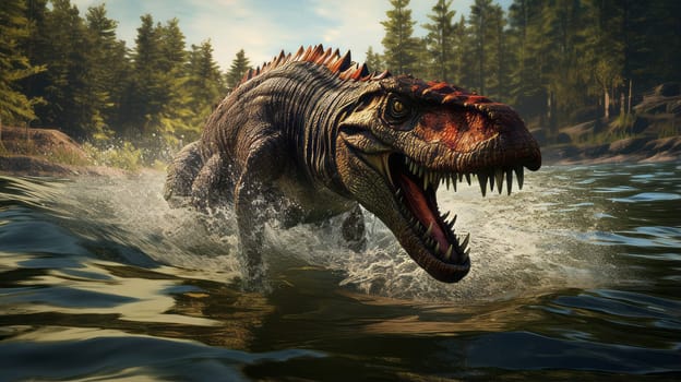 An artist's reconstruction of a Spinosaurus fishing in a river