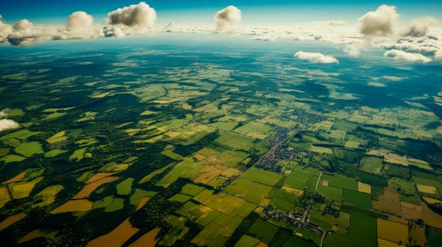 Large beautiful countryside farmland seen from space, lots of country lanes, aerial view. Top view of rural farmed fields and green rolling hills. AI generated