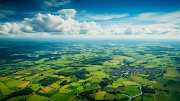 Large beautiful countryside farmland seen from space, lots of country lanes, aerial view. Top view of rural farmed fields and green rolling hills. AI generated