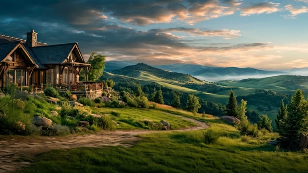 A cozy cottage nestled in the rolling hills. Scenic outdoor nature view with cottage in countryside. Idyll country life.AI generated