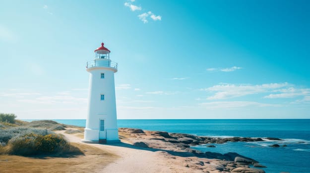 White lighthouse tower located on sea coast against cloudless blue sky in sunny summer day. AI generated