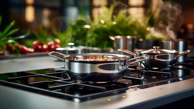 The new chrome pot on the cooking plate in the modern kitchen interior. Pots in modern kitchen with cooking stove. AI generated