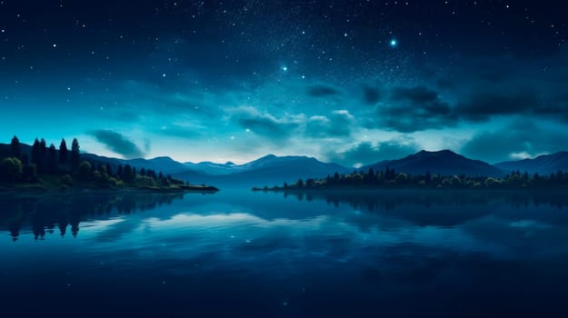 Star filled night sky over a calm lake with reflections.Night sky with stars over a mountain lake. AI generated