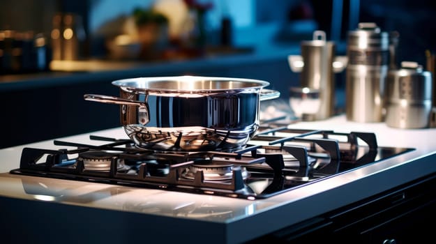 Shiny steel saucepan on modern gas stove. AI generated