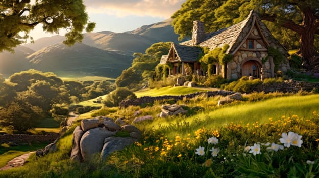 A cozy cottage nestled in the rolling hills. Scenic outdoor nature view with cottage in countryside. Idyll country life.AI generated