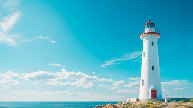 White lighthouse on sunny day with blue sky. AI generated