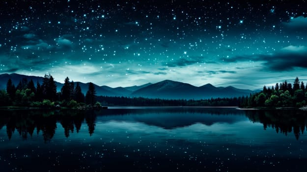Star filled night sky over a calm lake with reflections.Night sky with stars over a mountain lake. AI generated
