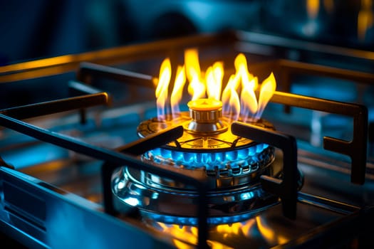 Close up shot of fire from domestic kitchen stove top. Gas cooker with burning flames of propane gas. Global gas crisis and price rise. AI generated