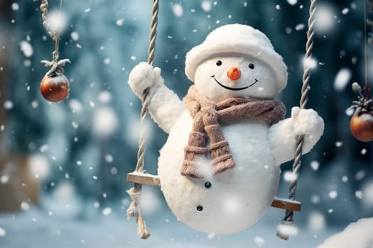Happy snowman on a swing, jolly picture that captures the spirit of the winter season.AI generated