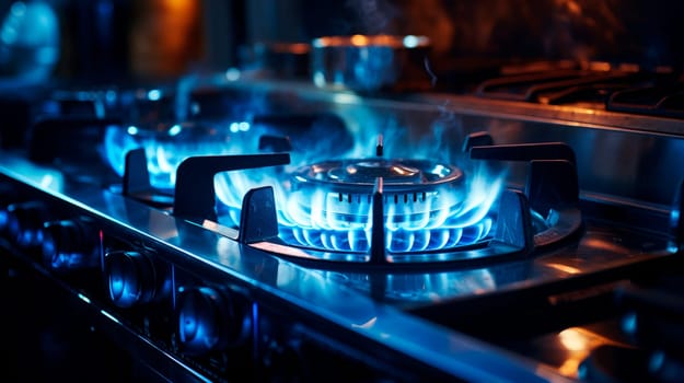 Close up shot of blue fire from domestic kitchen stove top. Gas cooker with burning flames of propane gas. Global gas crisis and price rise. AI generated
