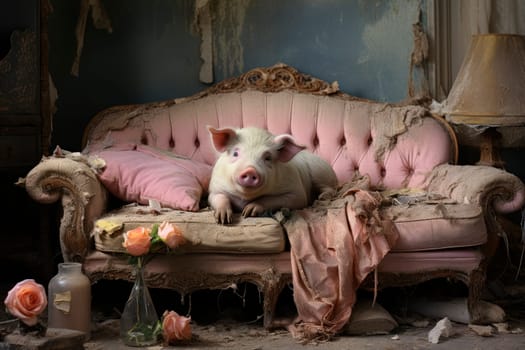 Mess, disorder and interior concept - view of messy home living room with a pig lying on sofa. AI generated