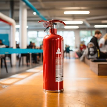 fire extinguisher on the floor in an educational institution or office. Emergency equipment in case of fire.Generative AI
